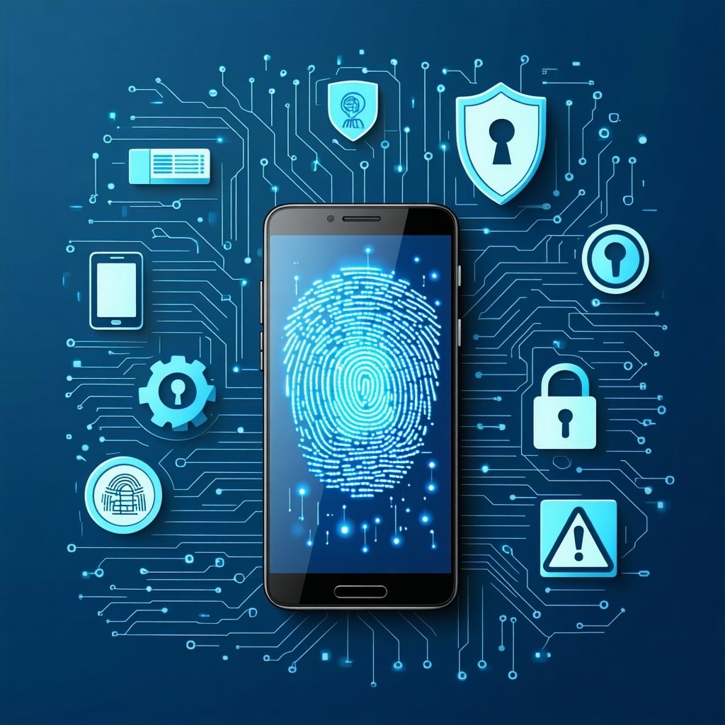 martphone surrounded by icons representing mobile security, including a shield, padlock, fingerprint, and warning symbol, indicating data protection.