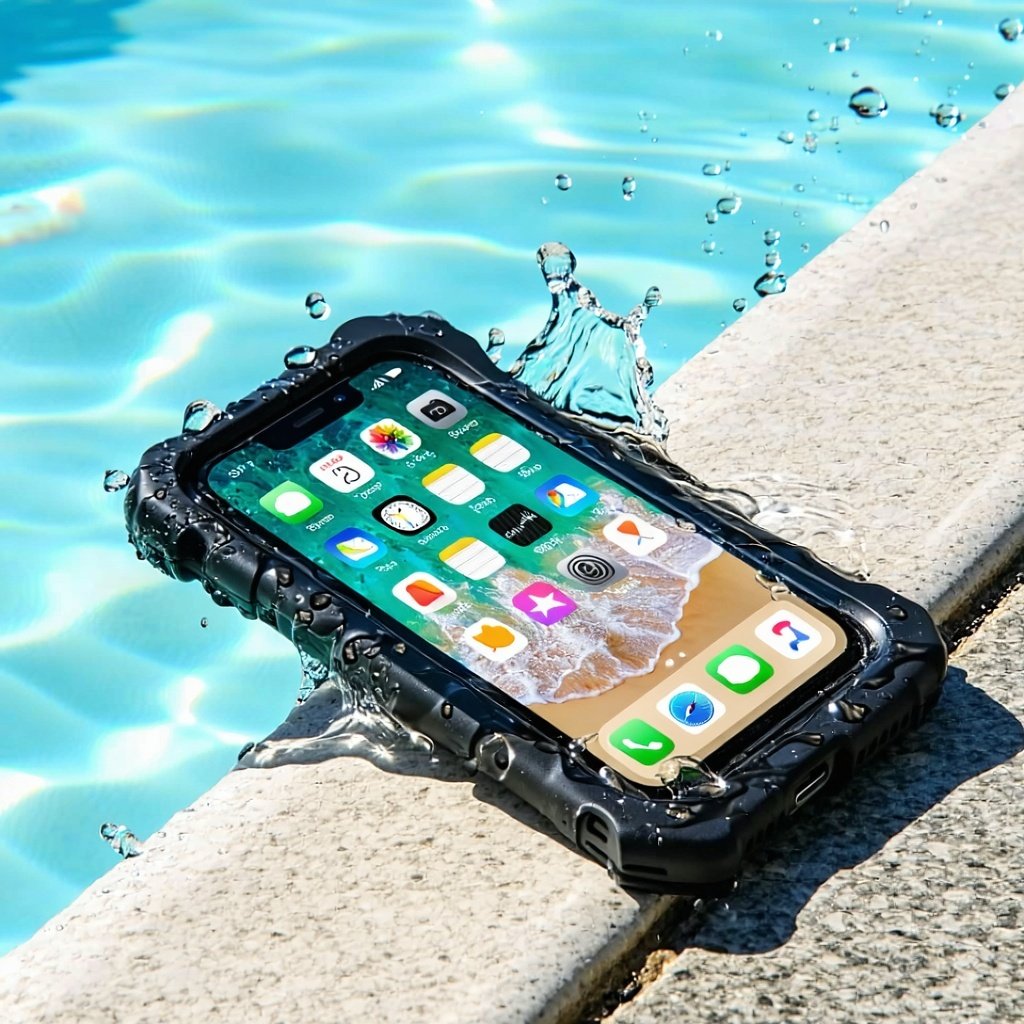 A smartphone with water droplets on it, resting near a pool with a waterproof case.